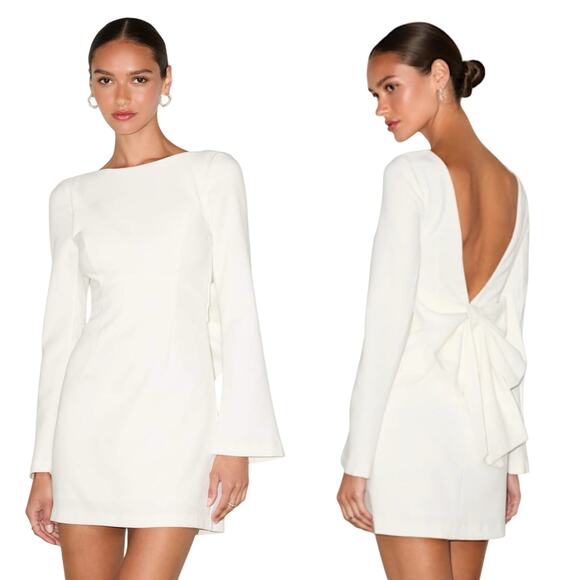 Lulus Elegant Cutie Ivory Bow Long Sleeve Backless Mini Dress size M NWT - Picture 1 of 7